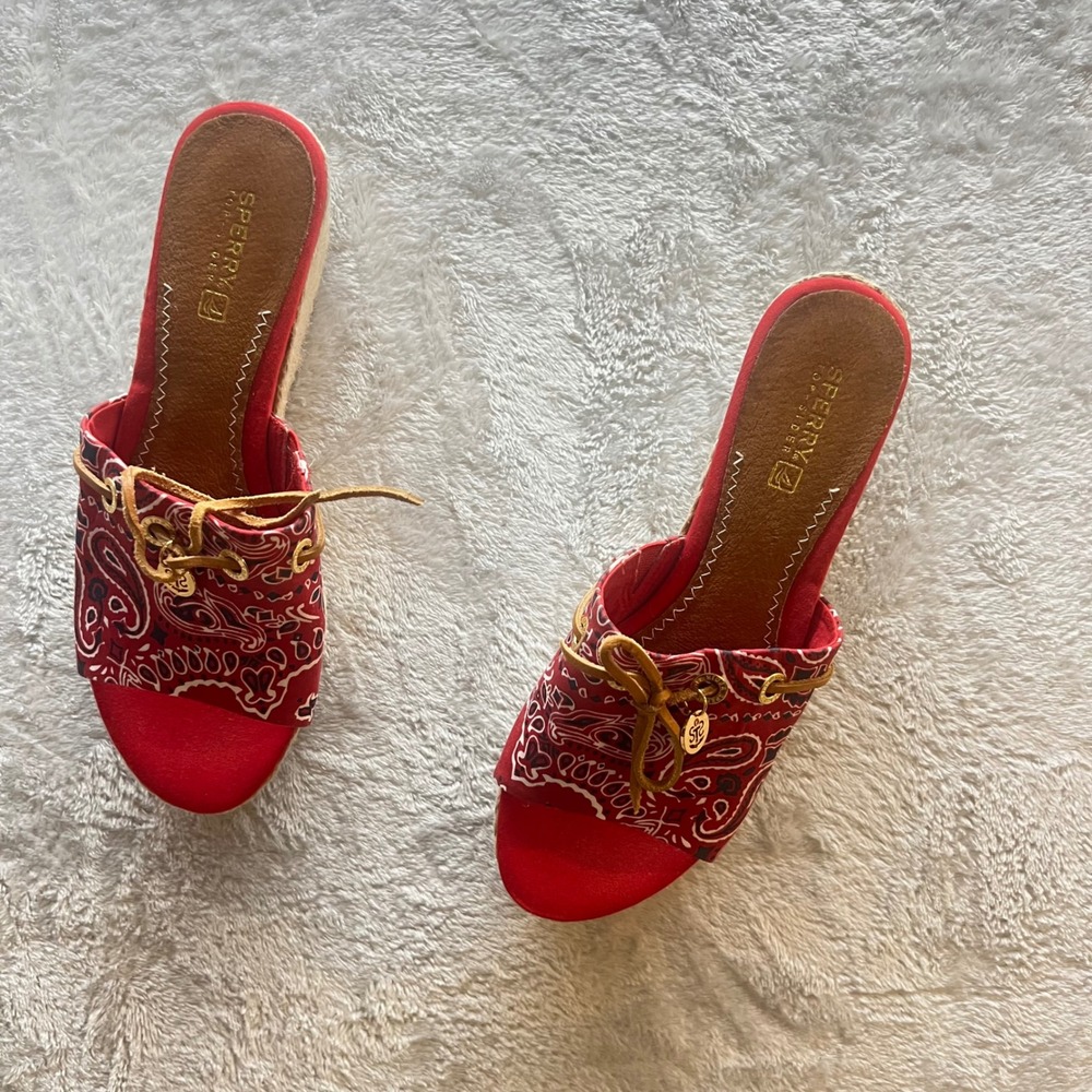 Sperry Red Bandana Espadrille Wedge Platform Slides Sandals